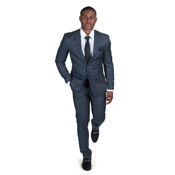 Slim Fit Mens Suit 2 Button Plaid Charcoal Grey Notch Lapel Flat Front  Pants 18335 AZAR MAN -  Canada