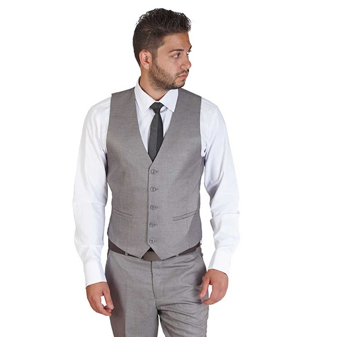 Slim Fit Mens Dress Solid Silver Grey Dress Vest 5 Button Adjustable