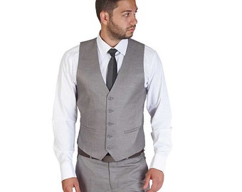 Slim Fit Mens Dress Solid Silver Grey Dress Vest 5 Button Adjustable  - AZAR MAN