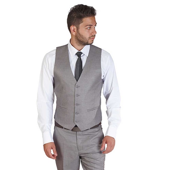 Slim Fit Mens Dress Solid Silver Grey Dress Vest 5 Button