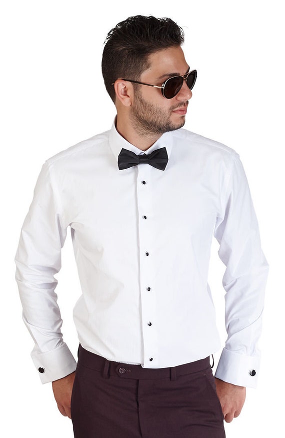 New SLIM Fit FITTED Spread Laydown Collar White Tuxedo Formal Shirt Fashion Cuff
