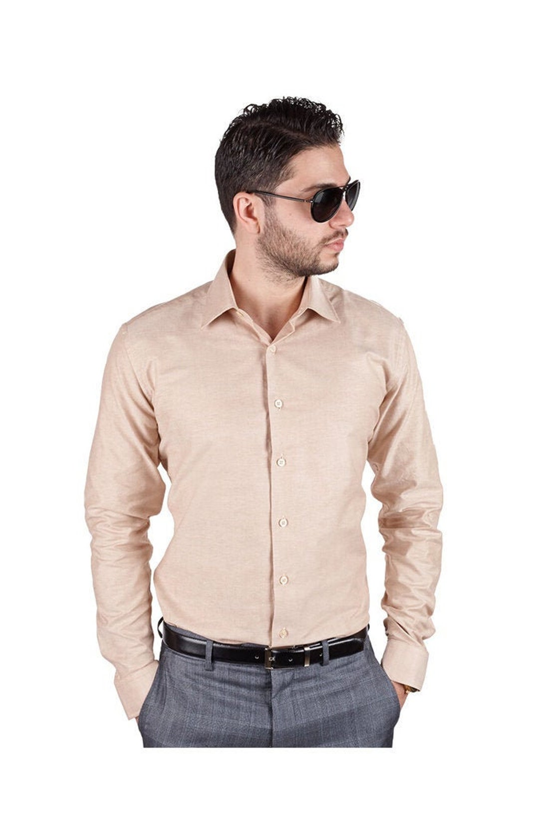 Slim Fit Solid Tan Convertible Cuff Spread Collar Mens Dress Shirt ...
