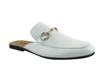 Mens White Leather Backless Slip On Mule Gold Buckle Loafers Shoes AZAR