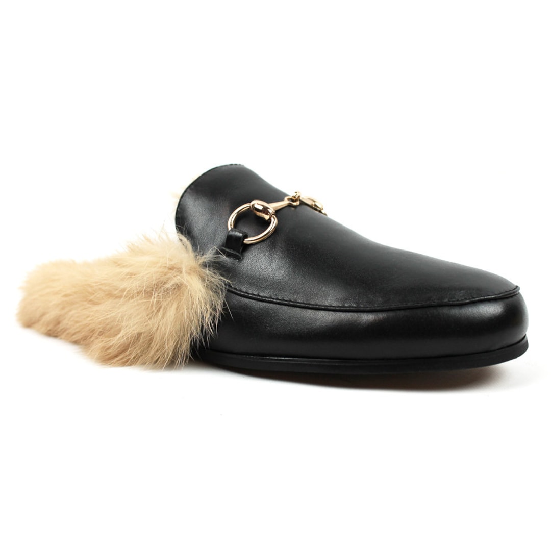 Mens Black Backless Slip on Real Leather Fur Gold Buckle Loafers Shoes ...