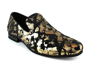 Men's Slip On Black Velvet Gold Leopard Print Dress Shoes Loafers LS21