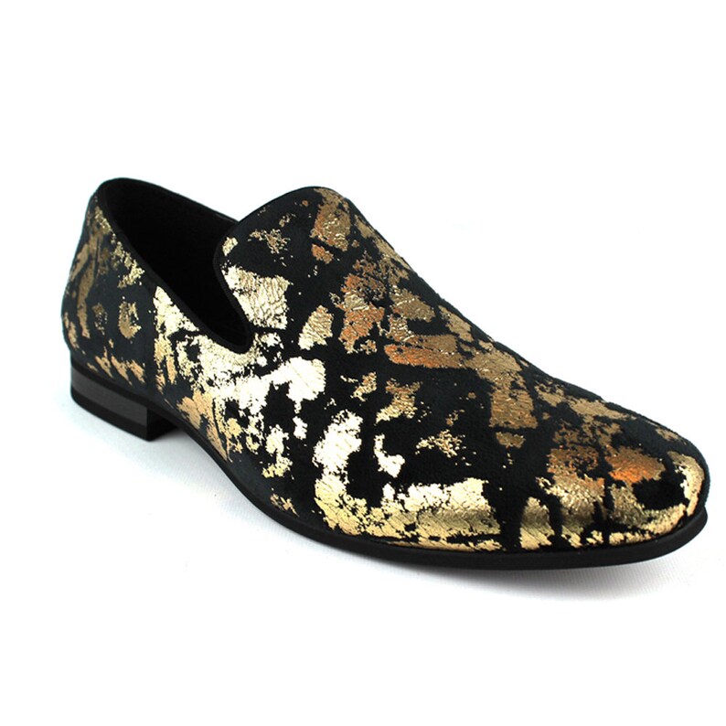 Men/'s Slip On Black Velvet Gold Leopard Print Dress Shoes Loafers LS21