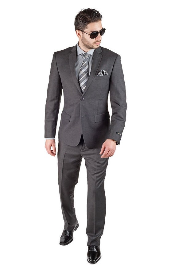 Slim Fit Men's 2 Button Soild Charcoal Gray Suit Notch | Etsy
