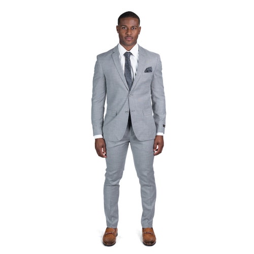 Slim Fit Mens Suit 2 Button Solid Medium Gray Notch Lapel Flat Front Pants sales AZAR MAN 10036