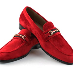 Men's Red Velvet Slip On Gold Buckle Dress Shoes Loafers Formal By AZAR image 1