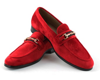 Men's Red Velvet Slip On Gold Buckle Dress Shoes Loafers Formal By AZAR