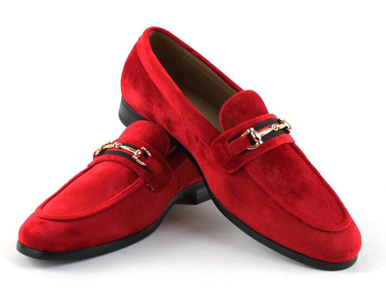 Men's Red Velvet Slip On Gold Buckle Dress Shoes Loafers Formal By AZAR image 1