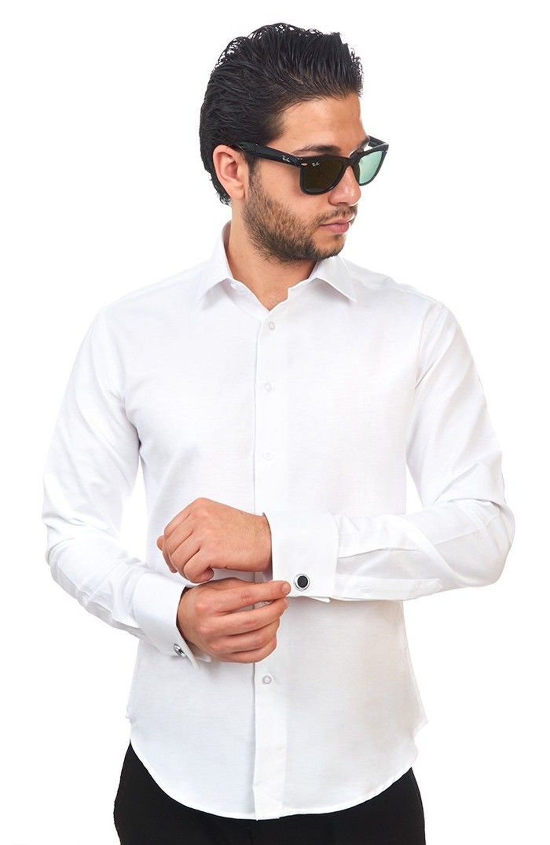 Slim Fit Solid White French Cuff Dress Shirt Spread Collar Wrinkle Free ...