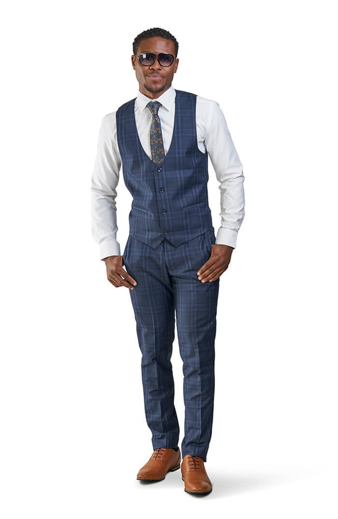 Men's Slim Fit Navy Blue Dress Vest Round Collar 4 Buttons Etsy