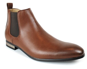 Brown Leather Men's Ankle Dress Boots Side Zipper Almond Round Toe Leather Chelsea ÃZARMAN