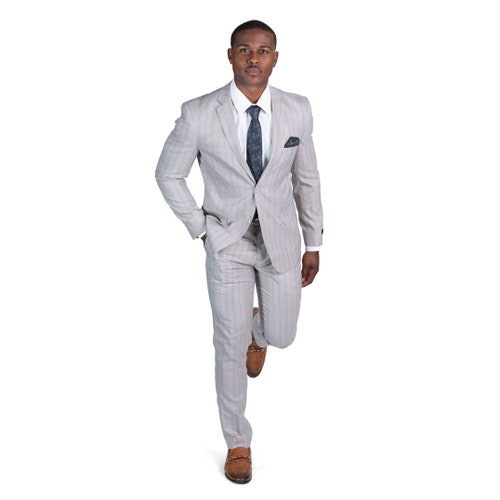 Slim Fit Mens Suit 2 Button Pinstripe Tan Blue Line Notch Lapel Flat shops Front Pants AZAR MAN 7918