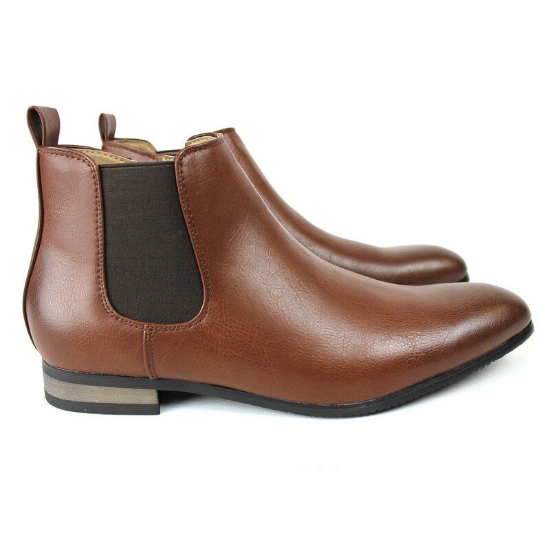 Brown Leather Men's Ankle Dress Boots Side Zipper Almond Etsy