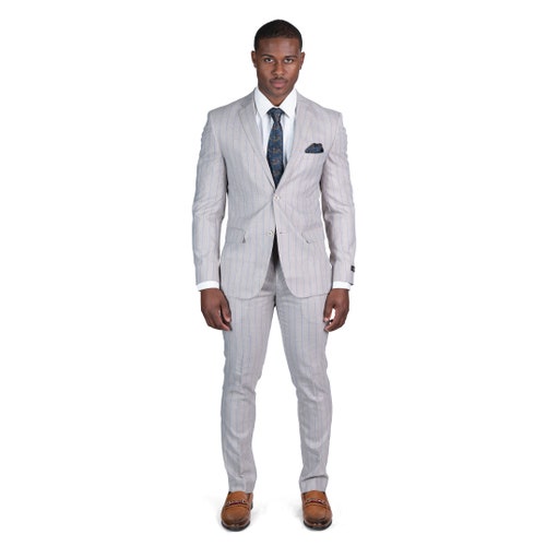 Slim Fit Mens Suit 2 Button Pinstripe Tan Blue Line Notch Lapel Flat shops Front Pants AZAR MAN 7918