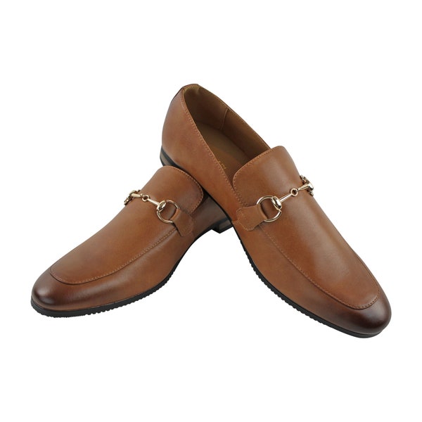 Genuine Real Leather Men's Cognac Brown Slip On Dress Shoes With Gold Buckle AZAR MAN