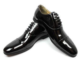 New Men's Black Tuxedo Cap Toe Lace Up Oxford Dress Shoes Shiny Patent By AZAR