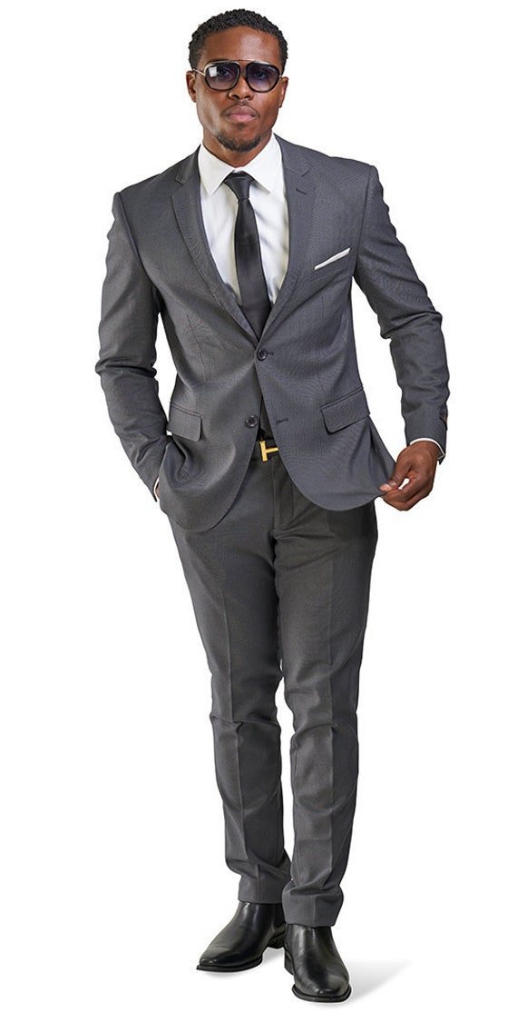 Slim Fit 2 Button Charcoal Gray Micro Texture Weave Notch Lapel Mens Suit  Flat Front Pants Fitted Vest Optional AZARMAN 11812 
