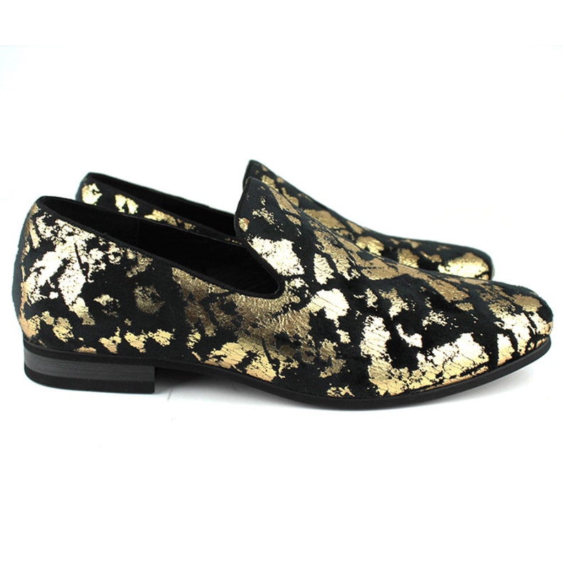 Men/'s Slip On Black Velvet Gold Leopard Print Dress Shoes Loafers LS21