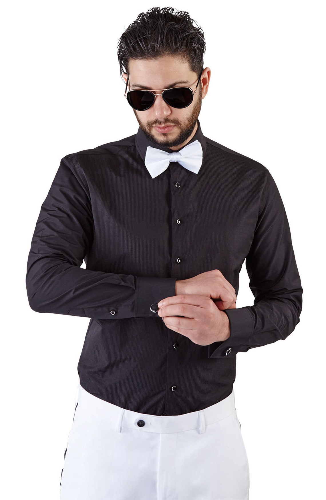 New Mens Slim Fit Black Tuxedo Dress Shirt French Cuff Lay Etsy