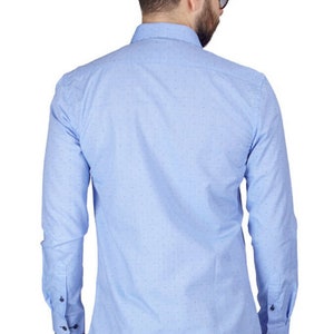Slim Fit Blue Men's Dress Shirt Bow Tie Print Contrast Trim Details ...