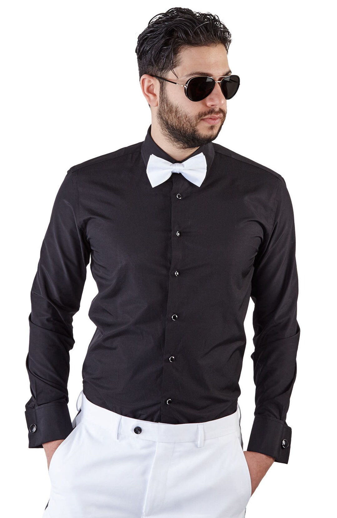 New Mens Slim Fit Black Tuxedo Dress Shirt French Cuff Lay Down Formal ...