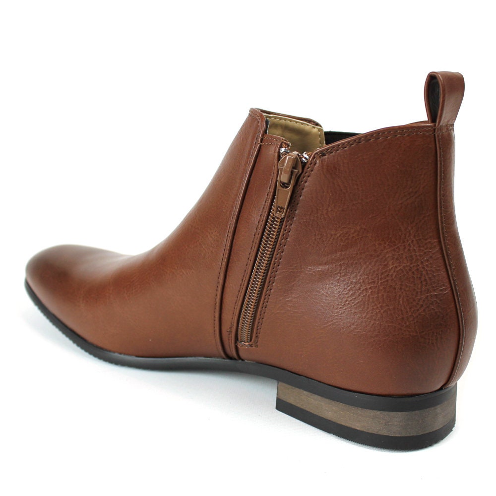 Brown Leather Men's Ankle Dress Boots Side Zipper Almond Etsy