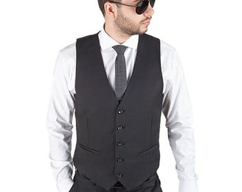 Solid Black 5 Button Adjustable Back Strap Mens Vest  - AZAR MAN