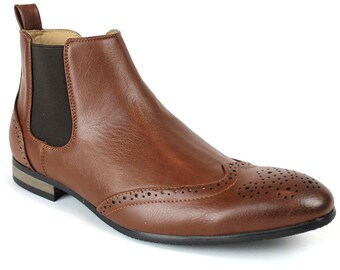 Brown Wing Tip Men's Ankle Dress Boots Side Zipper Almond Round Toe Leather Chelsea ÃZARMAN