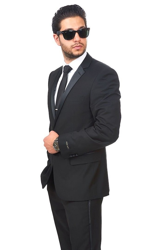 Slim Fit Men Suit Tuxedo Black 2 Button Satin Collar Flat Front Pants by  Azar Man -  Canada