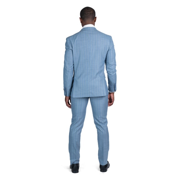 Slim Fit Mens Suit 2 Button Pinstripe Slate Blue Line Notch Lapel