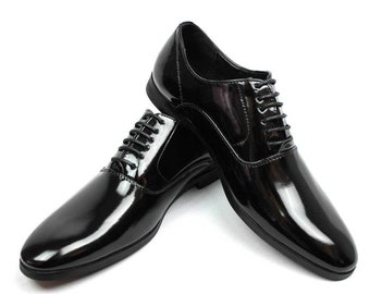 Men's Black Tuxedo Shoes Patent Leather Traditional Round Toe Lace Up Oxfords Azar