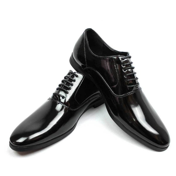 Men's Black Tuxedo Shoes Patent Leather Traditional Round Toe Lace Up Oxfords Azar