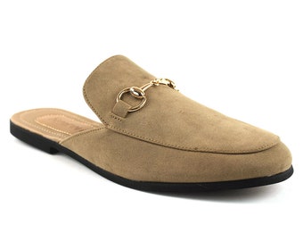 Mens Tan Suede Backless Slip On Mule Gold Buckle Loafers Shoes AZAR