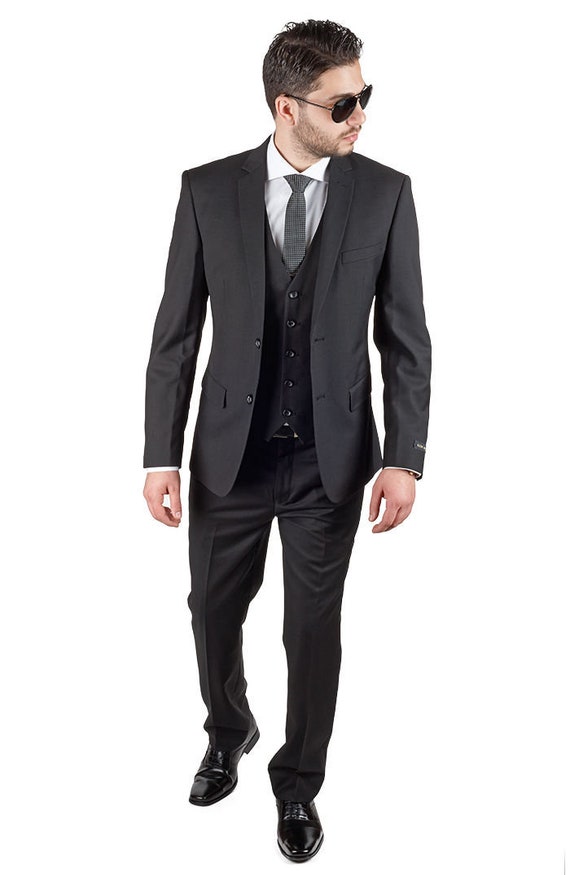 Slim Fit Men's 2 Button Soild Black Suit Notch Lapel Flat | Etsy