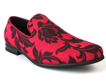 Men's Red Slip On Floral Print Dress Shoes Loafers 1714 AZARMAN