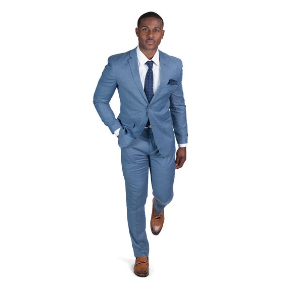 Slim Fit Mens Suit 2 Button Solid Slate Blue Notch Lapel Flat