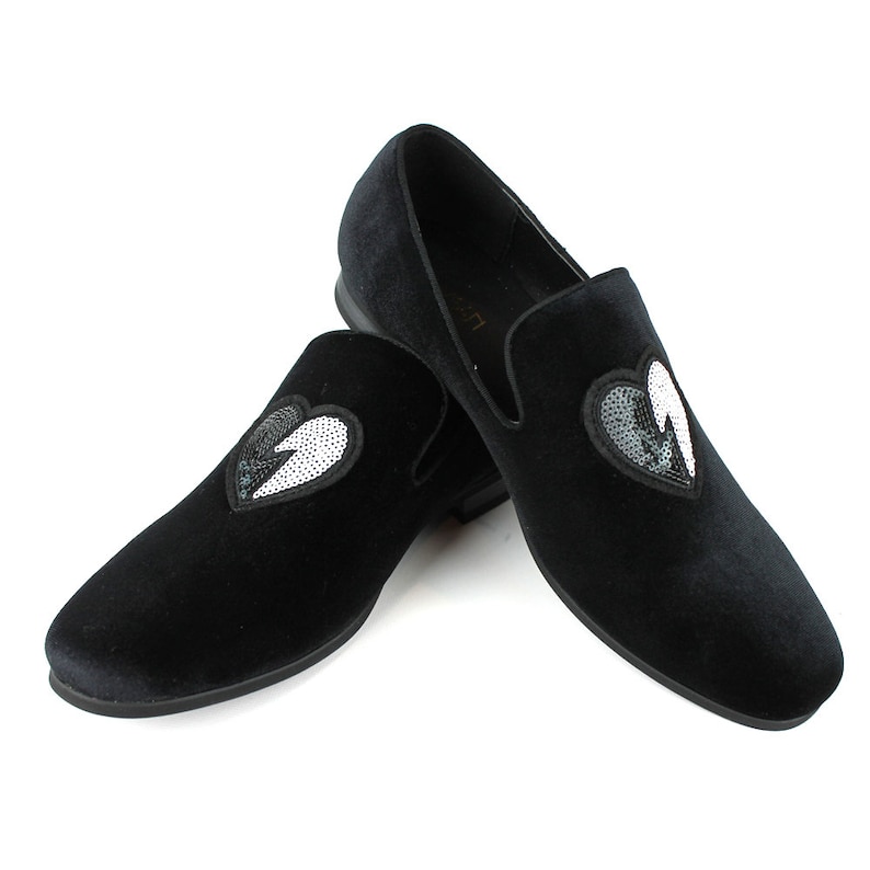 Men's Velvet Slip on Black & White Sequin Heart - Etsy