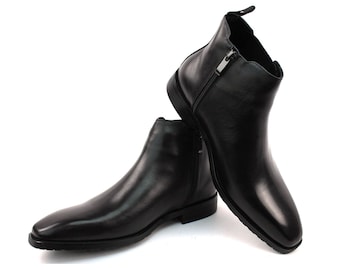 Men's Exclusive Genuine Leather Solid Black Chelsea Boots Almond Toe With Zipper AZAR MAN