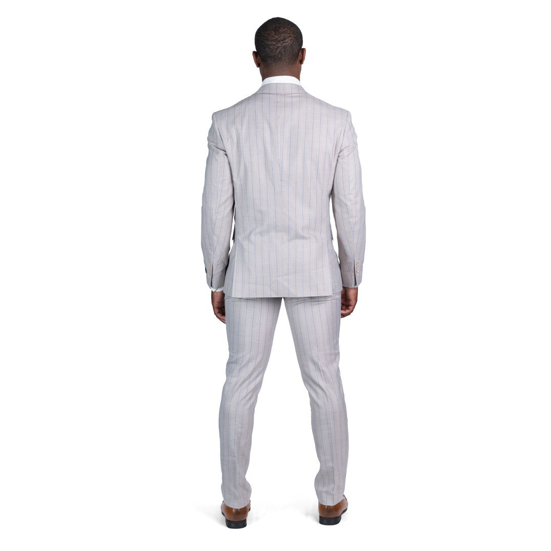 Slim Fit Mens Suit 2 Button Pinstripe Tan Blue Line Notch Lapel Flat Front  Pants AZAR MAN 7918 