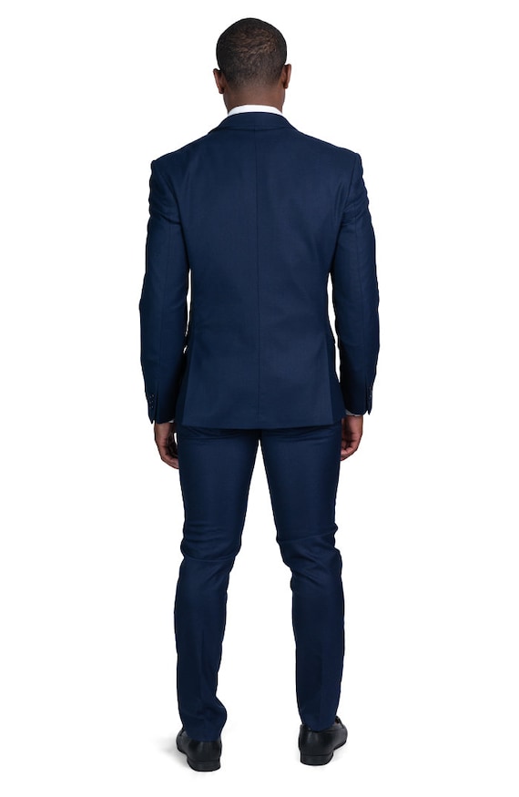 Slim Fit 2 Button Navy Blue Micro Texture Weave 3 Piece Vested Notch Lapel  Mens Suit Flat Front Pants Fitted AZAR MAN -  Israel