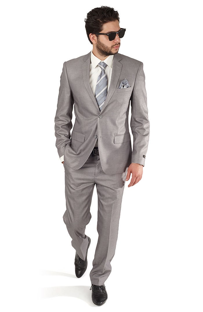 Slim Fit Men's 2 Button Solid Silver Gray Suit Notch Lapel Flat Front Pants  Fitted AZARMAN -  New Zealand