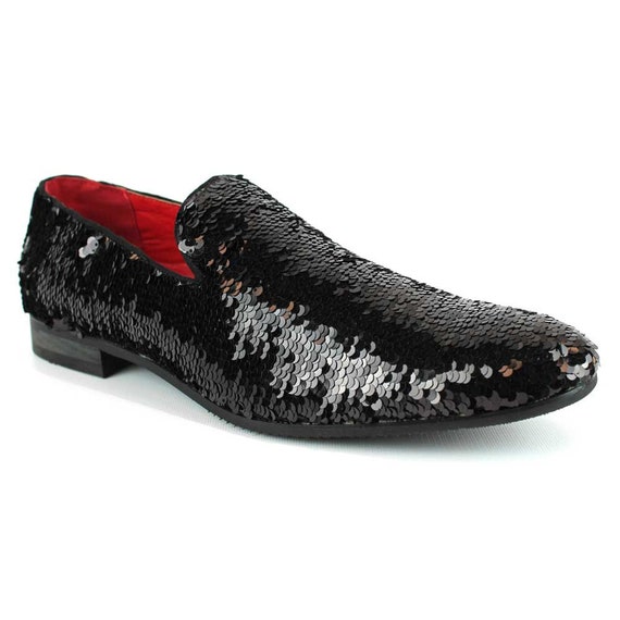 black sequin slip on shoes