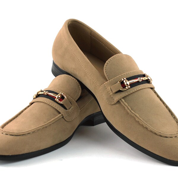 Men's Tan Suede Slip On Gold Buckle Dress Shoes Loafers Formal By AZAR