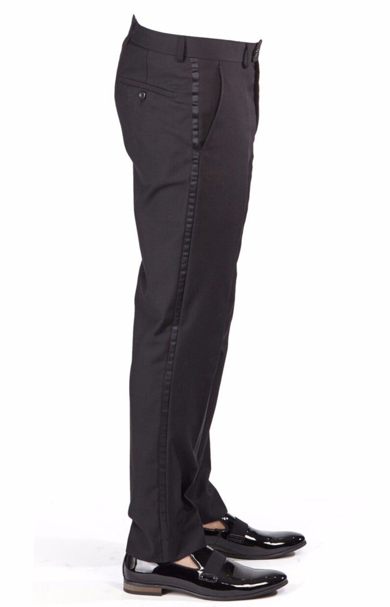 womens black tuxedo pants with satin stripe