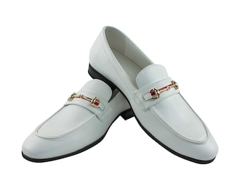 Men's White Leather Slip On Gold Buckle Dress Shoes Loafers Formal By AZAR MAN