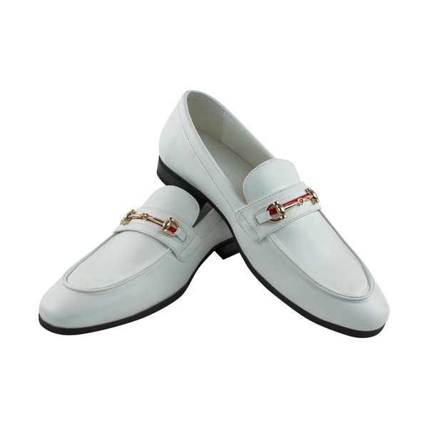 Men's White Leather Slip On Gold Buckle Dress Shoes Loafers Formal By AZAR MAN