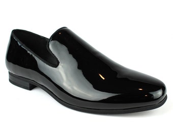 Men's Plain Black Patent Leather Formal Tuxedo Slip On Dress Shoes Loafers